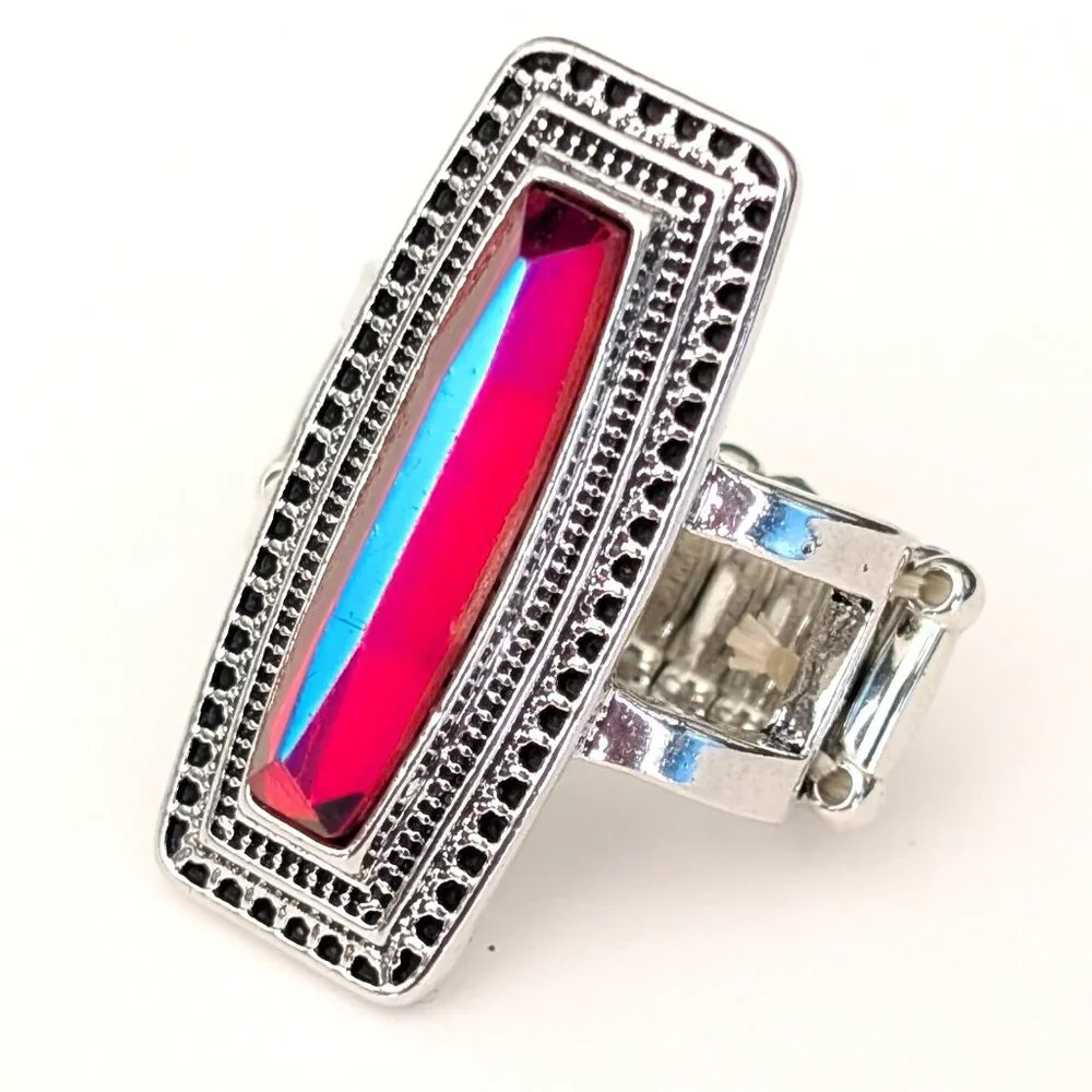 Orangey red glass ring with center bright blue stripe stretch ring